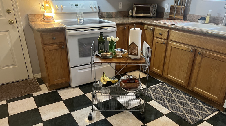 DIY kitchen island made from cart and school desktop