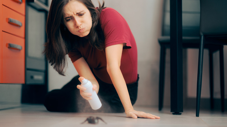 A woman spraying a spider in her home.