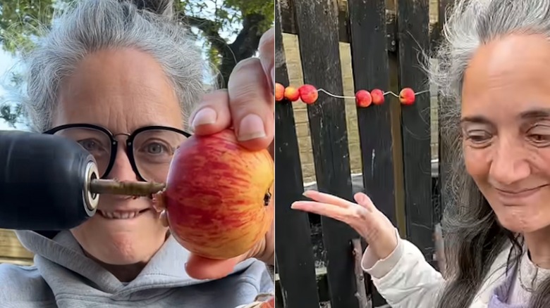 A person collects crabapples in a woven basket before drilling holes through them