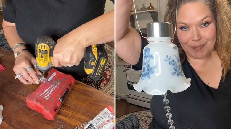 Woman turning lampshade and solar light into DIY garden light