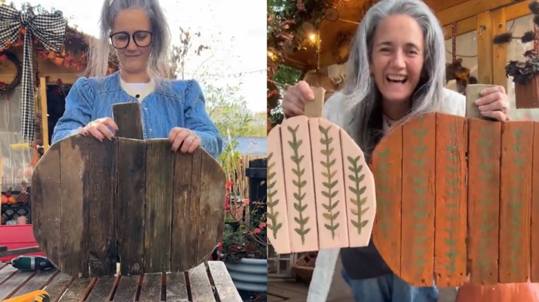 Side by side shots of a woman holding rough scrap wood shaped like a pumpkin and holding a completed painted pumpkin
