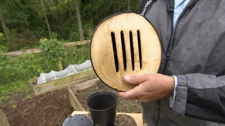 man holding DIY nursey pot butterfly house