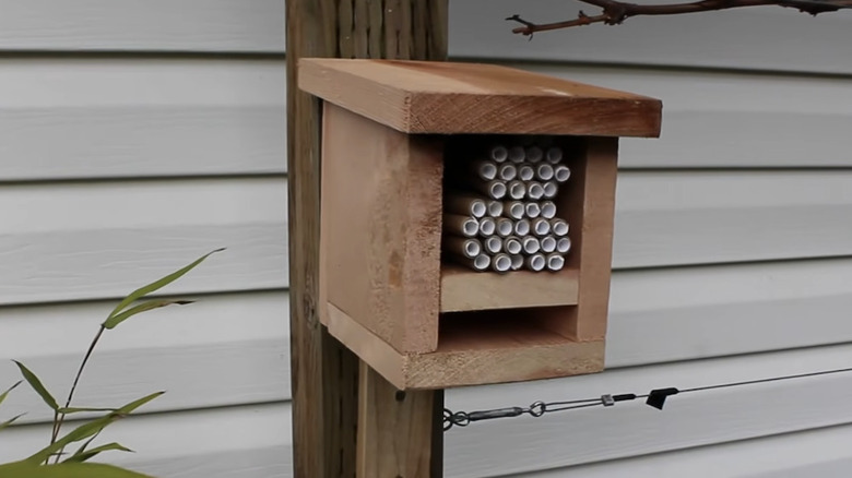 A house made for bees out of wood