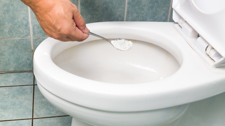 a cleaner adds white powder to a toilet bowl