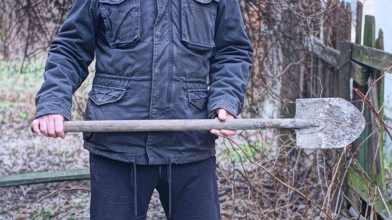 Person holding shovel with a rusty head