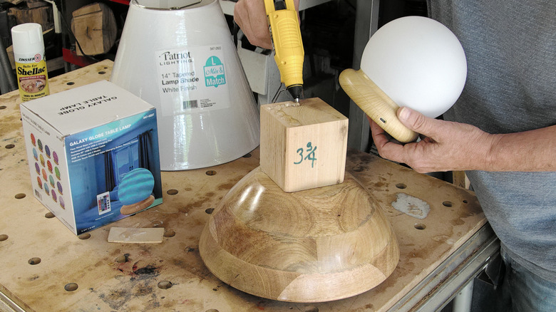 Mounting the upper block and lamp to the wooden bowl
