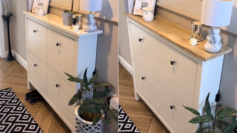 A before and after of an IKEA cabinet given a faux oak finish