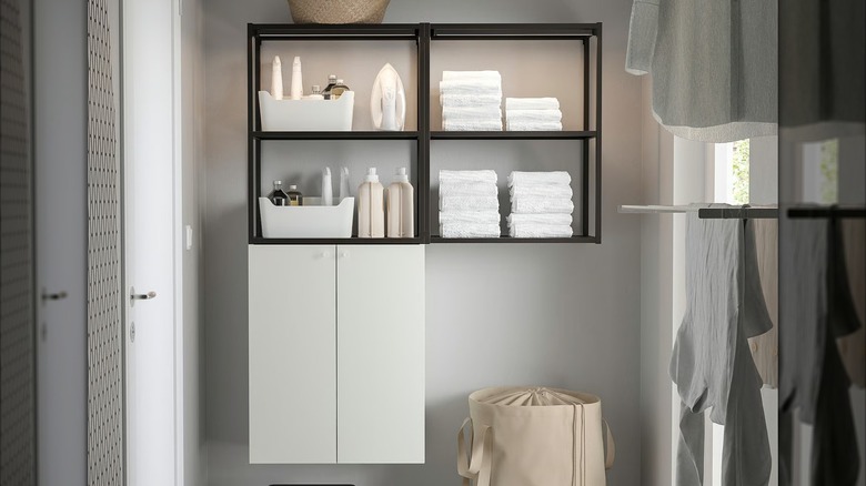 IKEA ENHET Storage Combination with open shelves and lower cabinet on bathroom wall