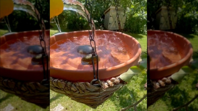 DIY hanging bird bath made from an upcycled planter and saucer