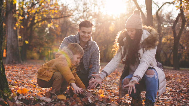 Family playing in leaves