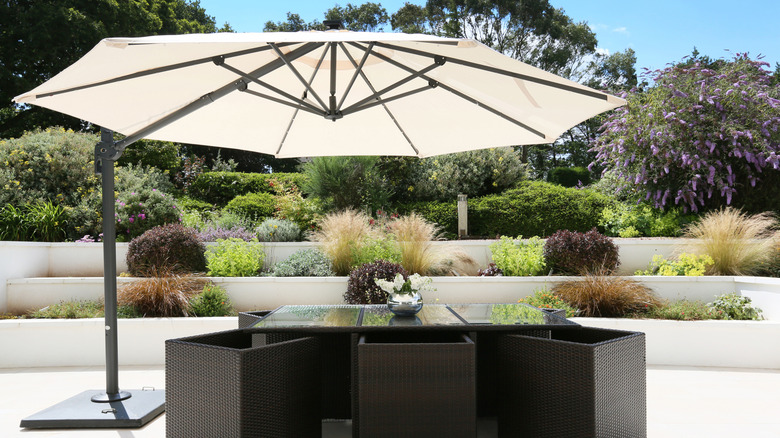 Large patio umbrella covering outdoor seating
