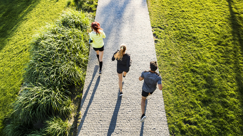 a group of people run on a green concrete path