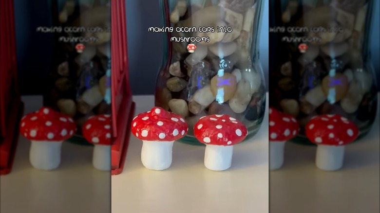 miniature mushroom decorations made from acorn caps