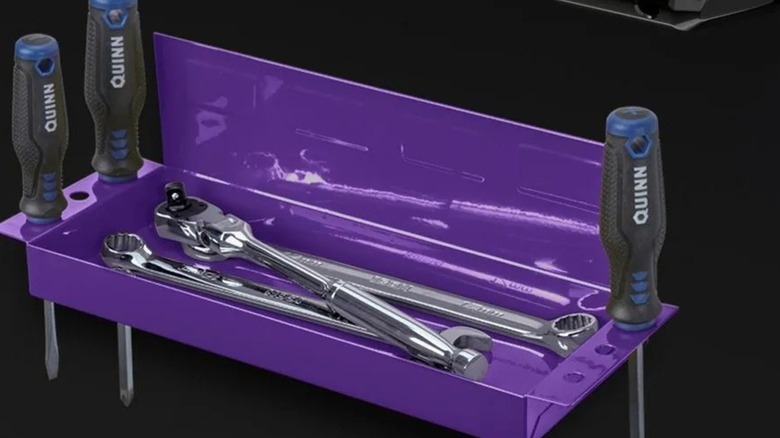 Purple U.S. General Magnetic Tray on side of metal tool chest