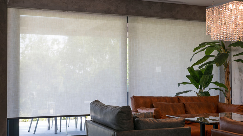 roller shades on sliding glass door in a modern living room