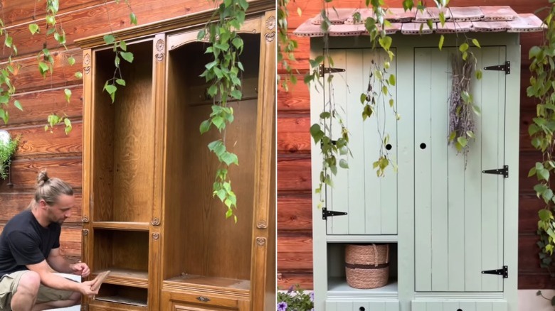 A before and after of a cabinet turned into an outdoor storage shed
