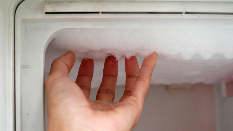 A person touching excess ice buildup inside a freezer.