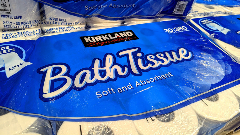 Close-up of a package of Kirkland brand bath tissue package on shelf.