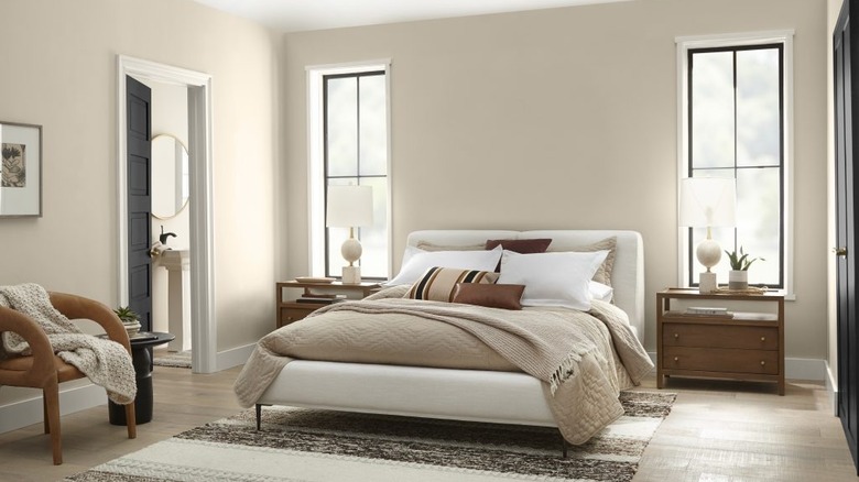 a neutral, modern bedroom with even better beige painted on the walls