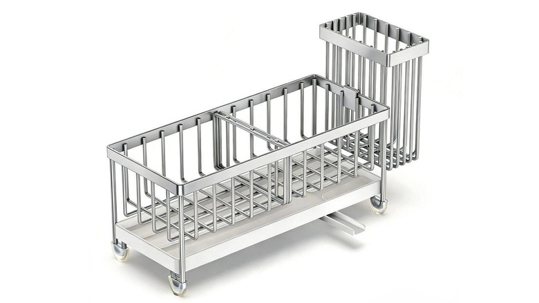 A silver metal sponge and scrub brush holder with a water spout