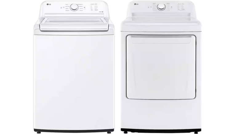An LG washer & dryer set in white on display