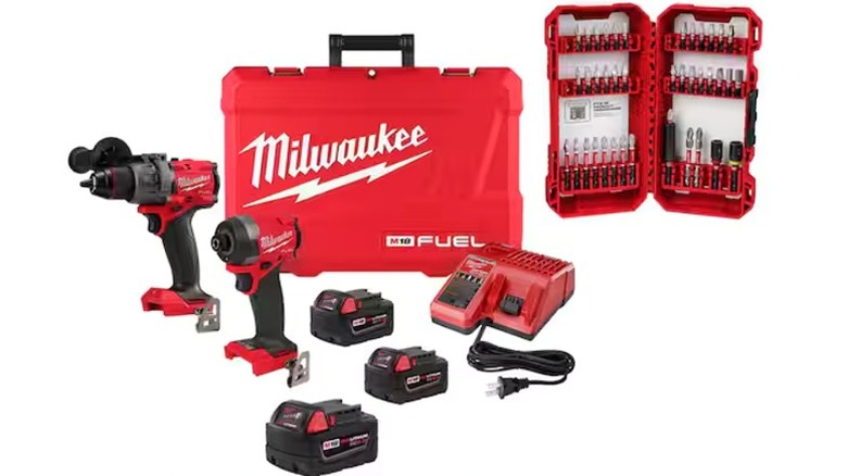 The Milwaukee M18 Fuel 18V cordless drill kit with batteries, charger, and bits