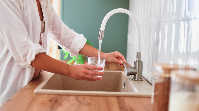Filling a glass of water at the kitchen sink