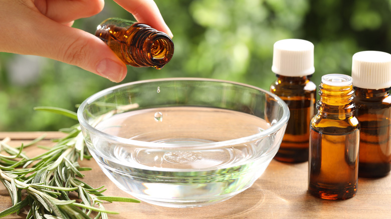 A woman's hand is adding a few drops f essential owl to a bowl of water. There are a few essential oil bottles and a sprig of rosemary on the table.