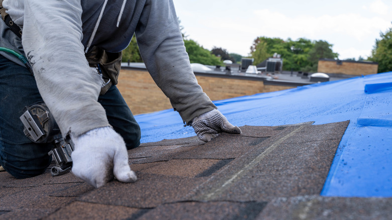 A roofer installs a roof shingle next to a blue tarp