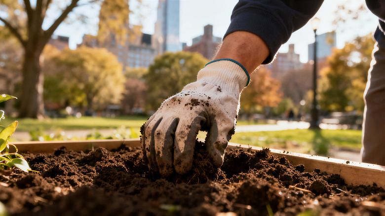Gloved hand adding soil to a raised garden bed