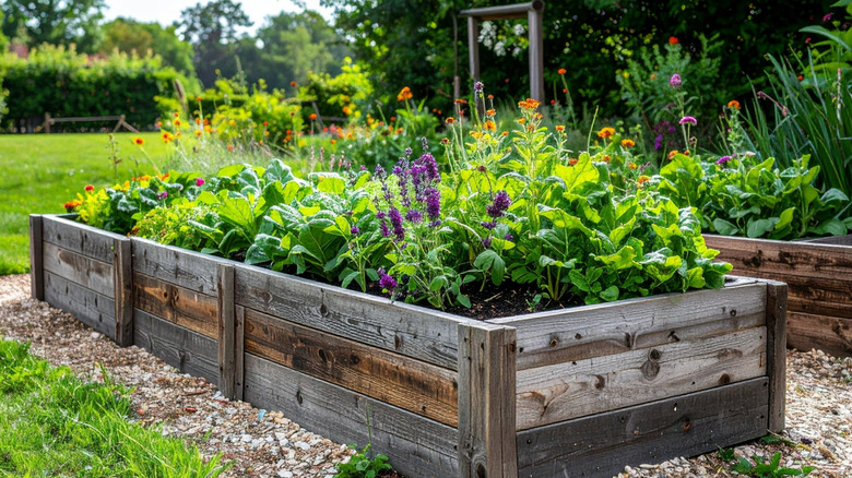 A raised wood garden bed in a garden with flowering plants inside