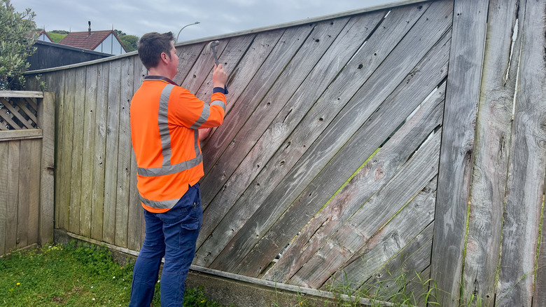 Man repairing an old wood fence