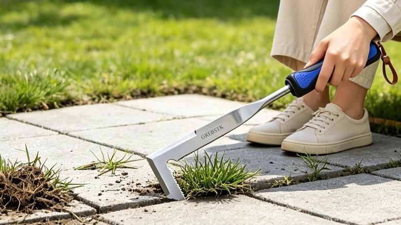 A person using the GREBSTK Crack Weeder to remove weeds