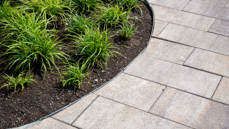 Steel edging is installed along a curved stone walkway
