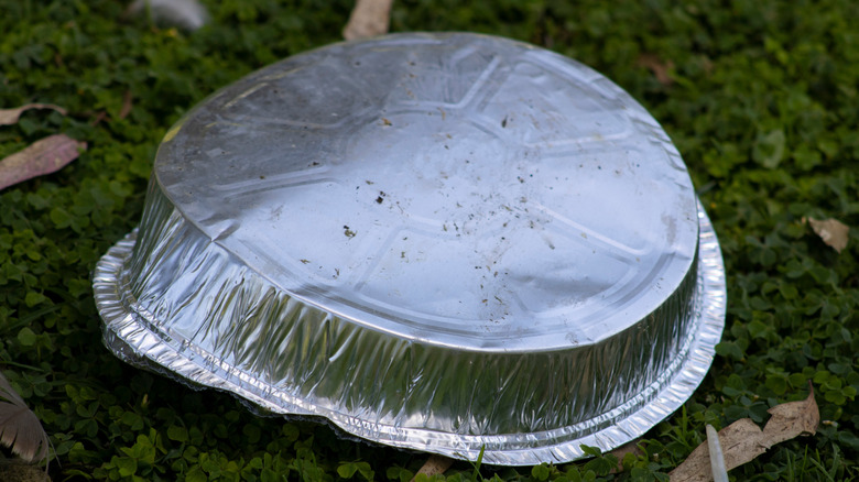 Empty pie pan laying upside on grass