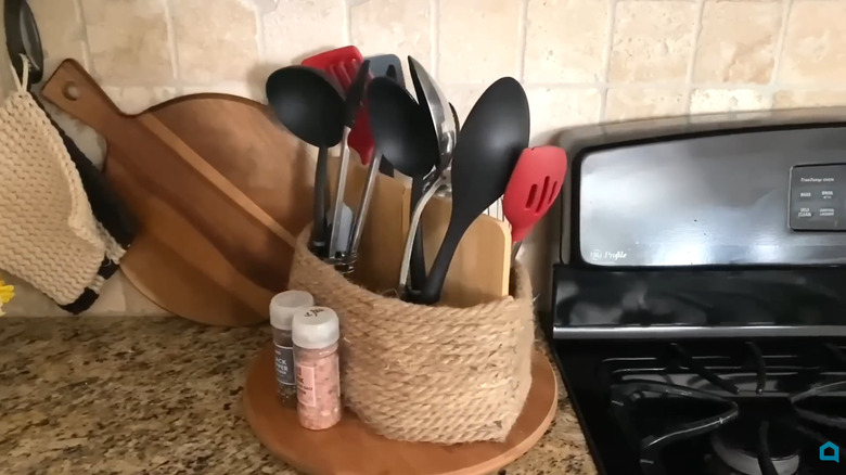 Cooking utensil carousel made with Mason jars and a lazy Susan