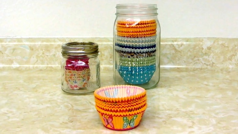 Cupcake liners stored in a Mason jar