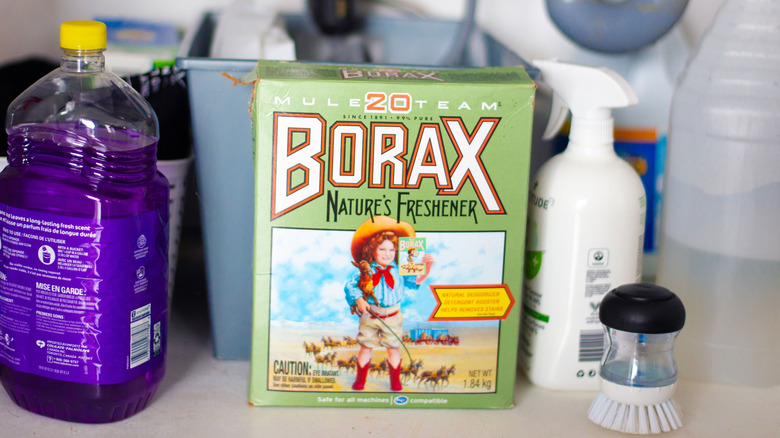 A borax box next to cleaning supplies