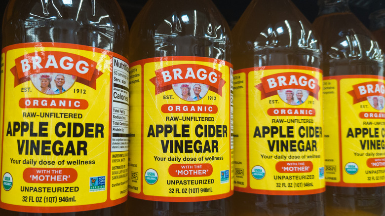 Bottles of apple cider viengar on a store shelf