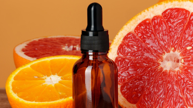 Grapefruit essential oil in a small bottle.