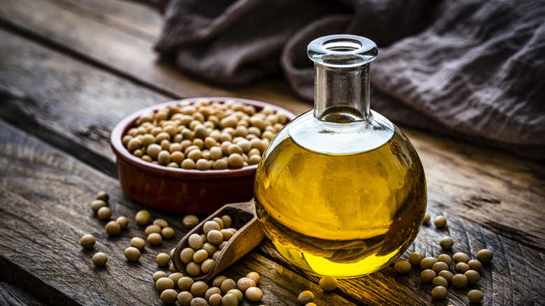 Soybean oil on a wood surface