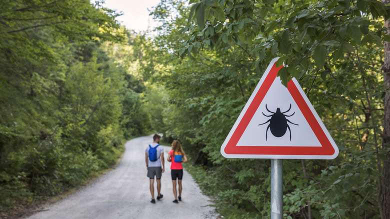 Two people walking by a sign showing ticks are nearby