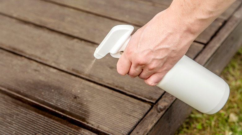 Someone spraying a wooden deck with a spray bottle.