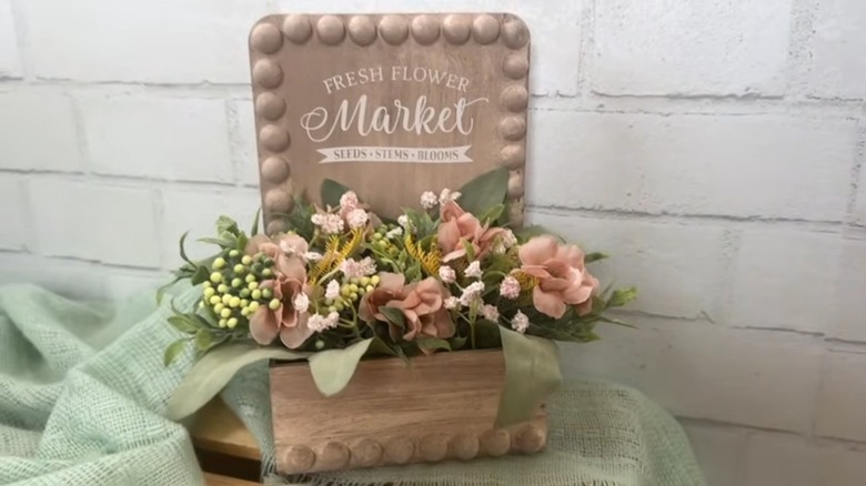 Faux flower box with Fresh Flower Market sign