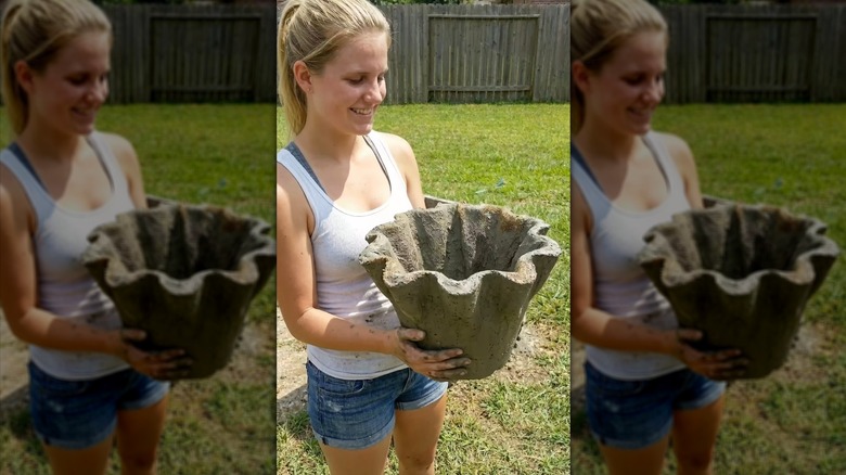 Concrete planter made from an old blanket