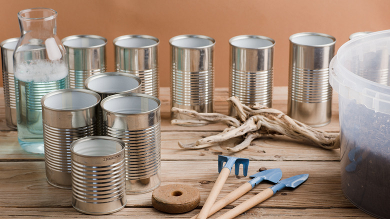 Collection of empty soup cans on wood table with home gardening supplies