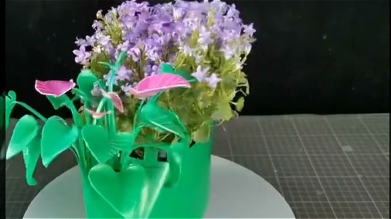 A homemade plant pot made from an old laundry detergent bottle