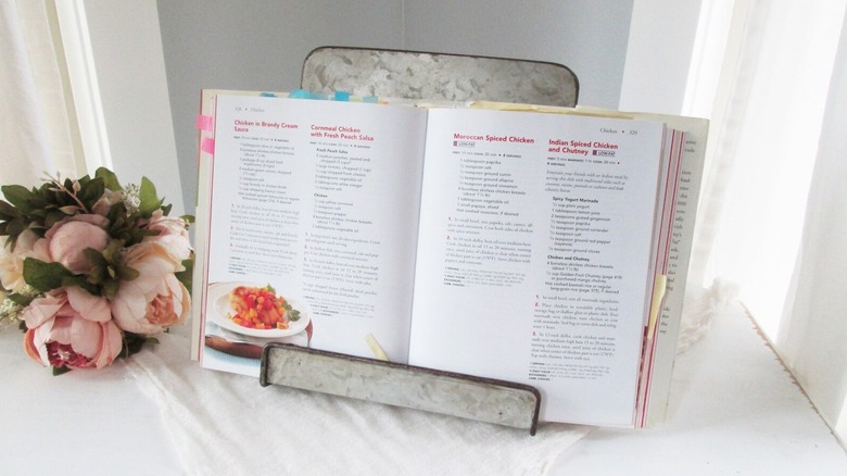 DIY cookbook stand made from a sheet pan