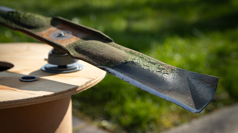 Sharpened mower blade being balanced