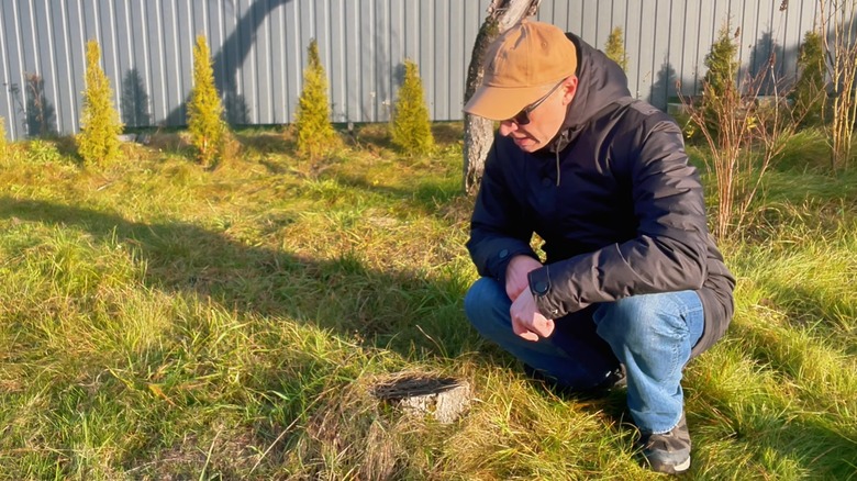 Man looking down at dead tree stump in yard buried in tall grass beside building